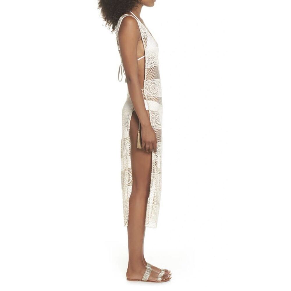 PilyQ Womens Lace Up Side V Neck Open Knit Cover Up Beige SzS Perfect For Beach - Picture 6 of 16